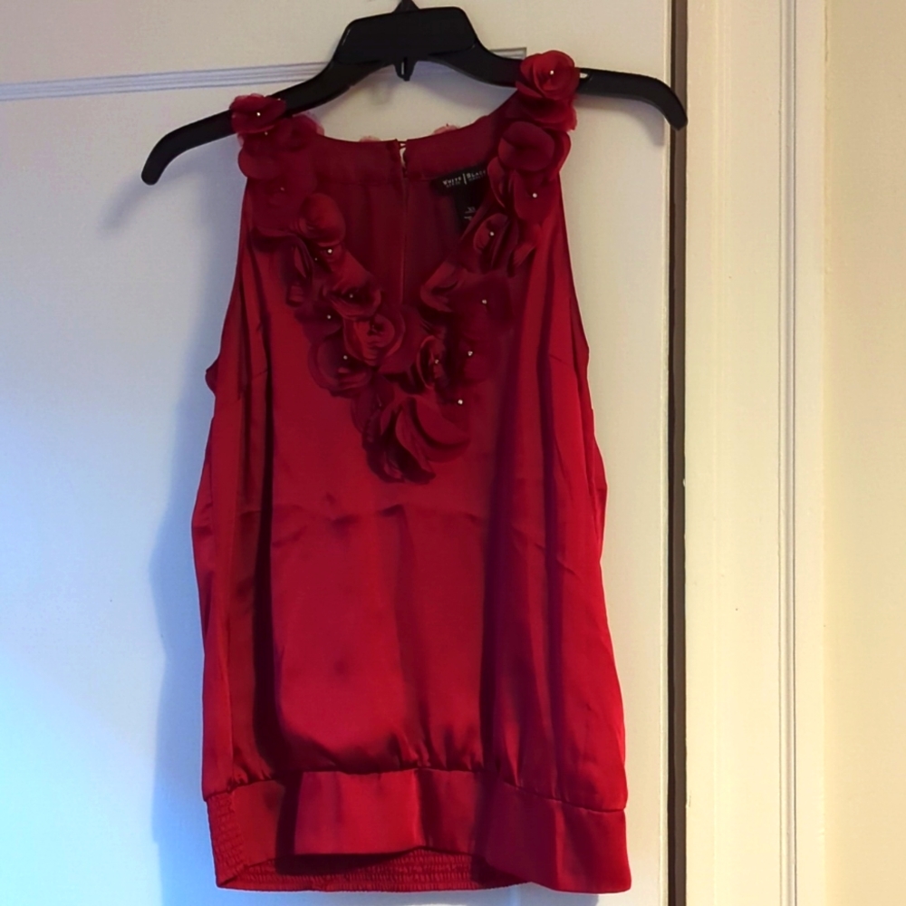 Red Sleeveless Silk Top with Floral Embellishments